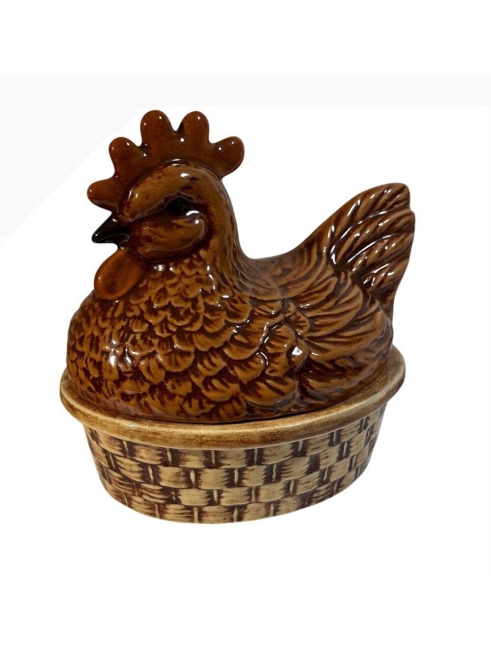 Vintage Ceramic Chicken Shaped Covered Dish Basket Weave Design Brown 5.5 x 4.5"